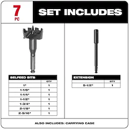 Contractor's Selfeed Bit Kit (7 PC) includes various bit sizes (1", 1-1/8", 1-1/4", 1-1/2", 1-3/4", 2-1/8", 2-9/16") and a 5-1/2" extension.