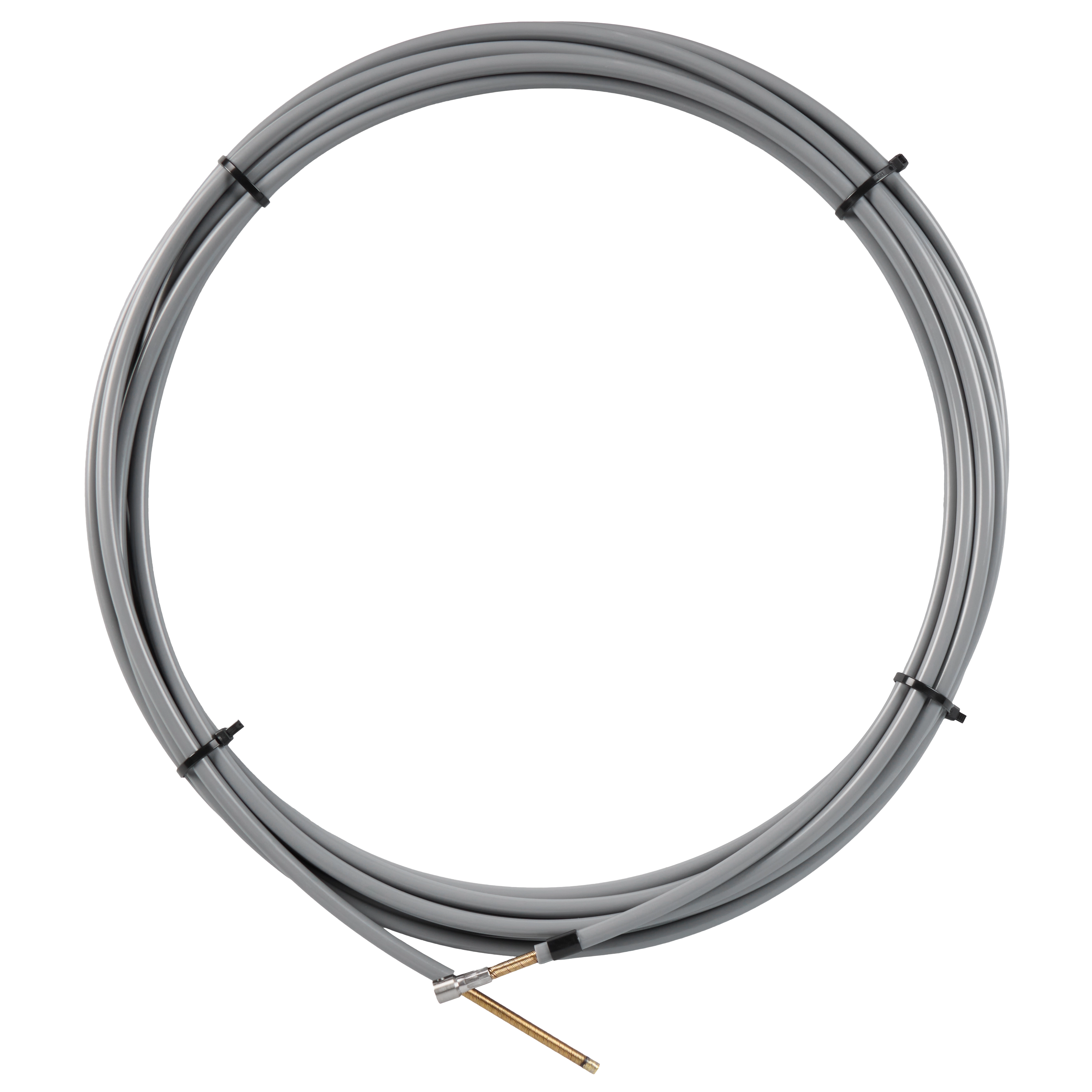 A coiled, gray 1/4" x 35' Chain Snake Cable is secured with black ties. The cable has a steel tip on one end, used for unclogging drains.