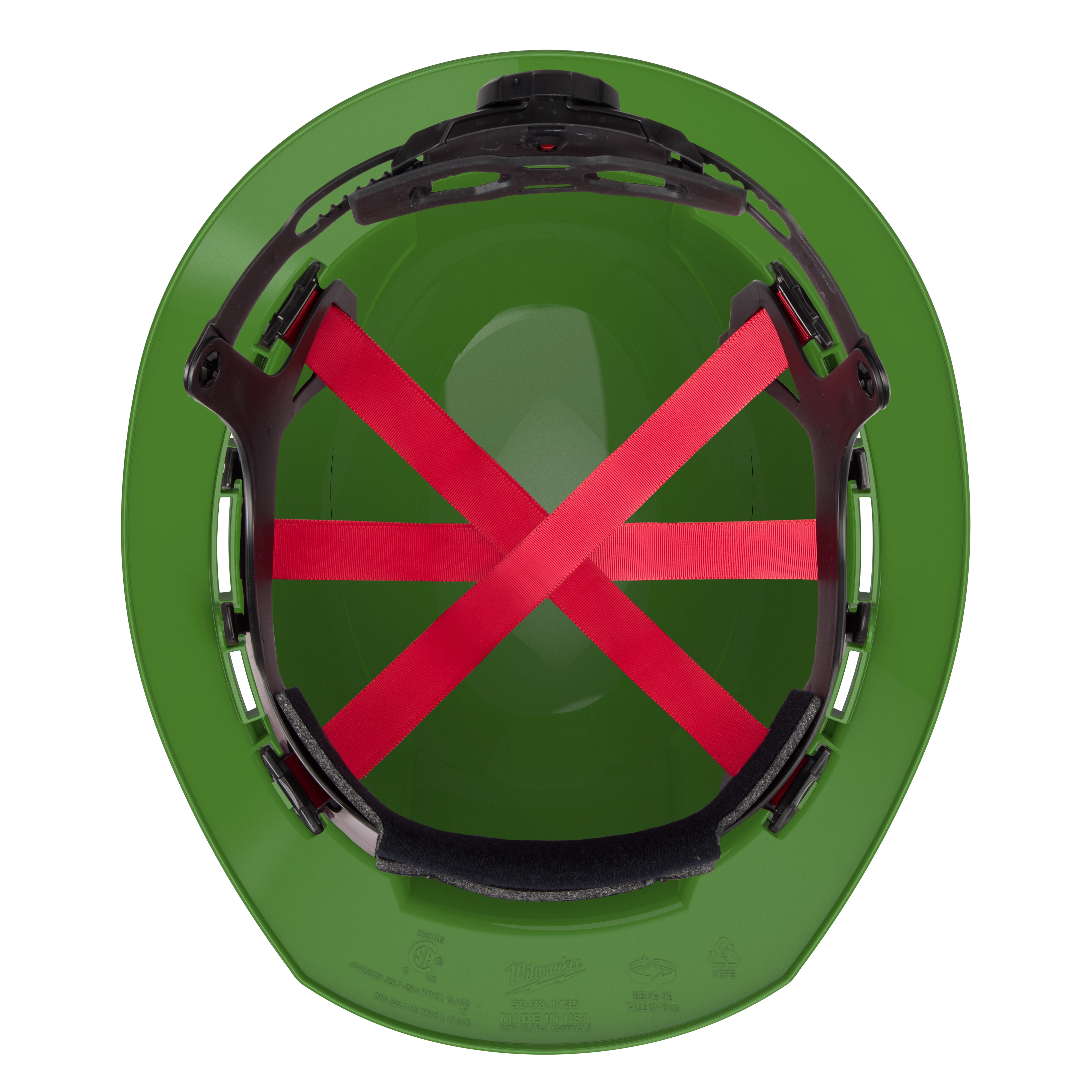 The BOLT Green Full Brim Hard Hat w/6pt Ratcheting Suspension (USA) - Type 1, Class E features a green outer shell with an internal ratcheting suspension system and red crossover straps for adjustable comfort and protection.