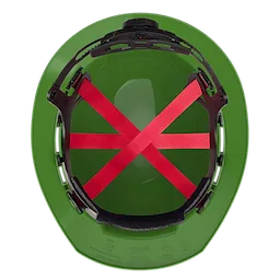 The BOLT Green Full Brim Hard Hat w/6pt Ratcheting Suspension (USA) - Type 1, Class E features a green outer shell with an internal ratcheting suspension system and red crossover straps for adjustable comfort and protection.