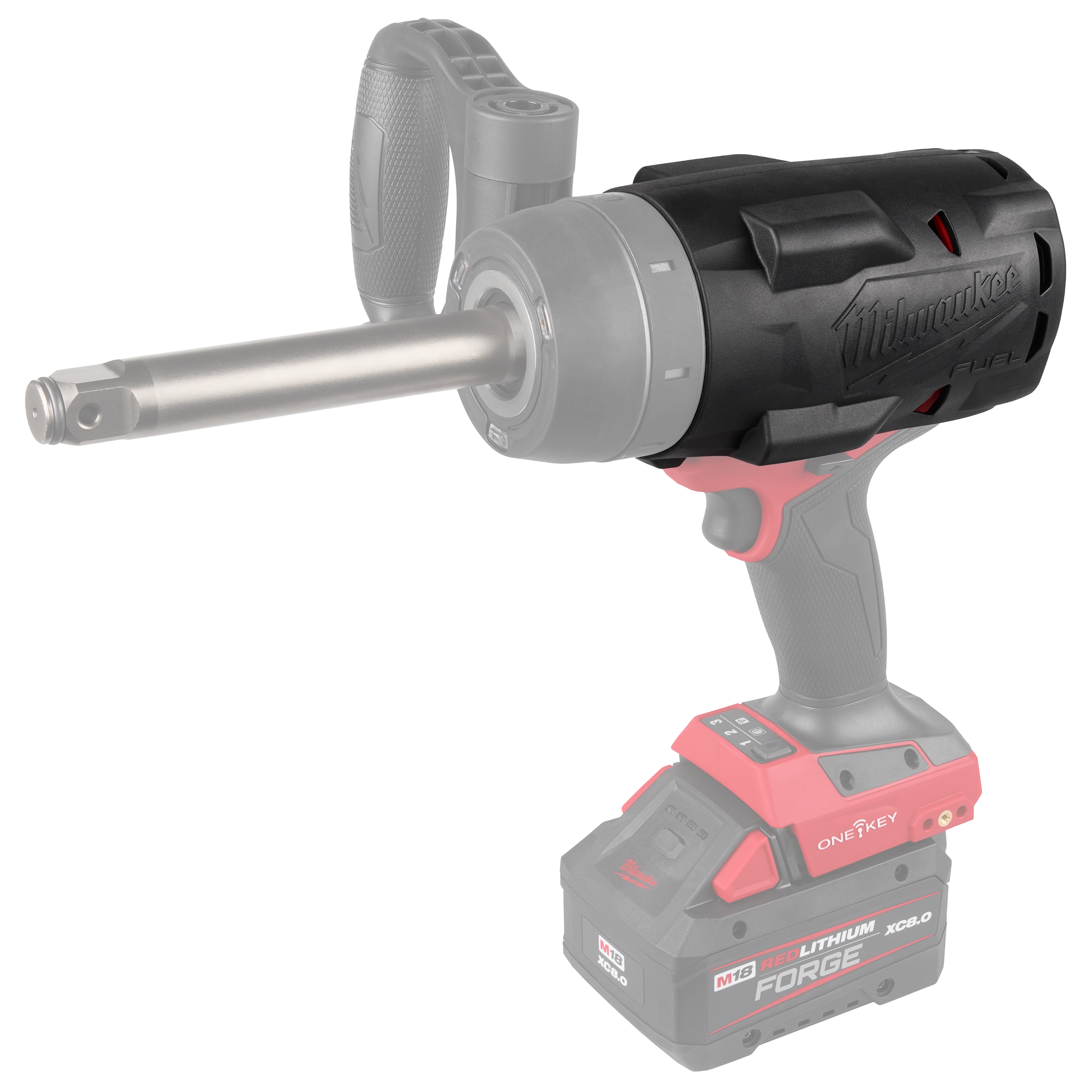 M18 FUEL 3/4" Ext. Anvil High Torque Impact Wrench w/ ONE-KEY Protective Boot standing upright on its battery base.