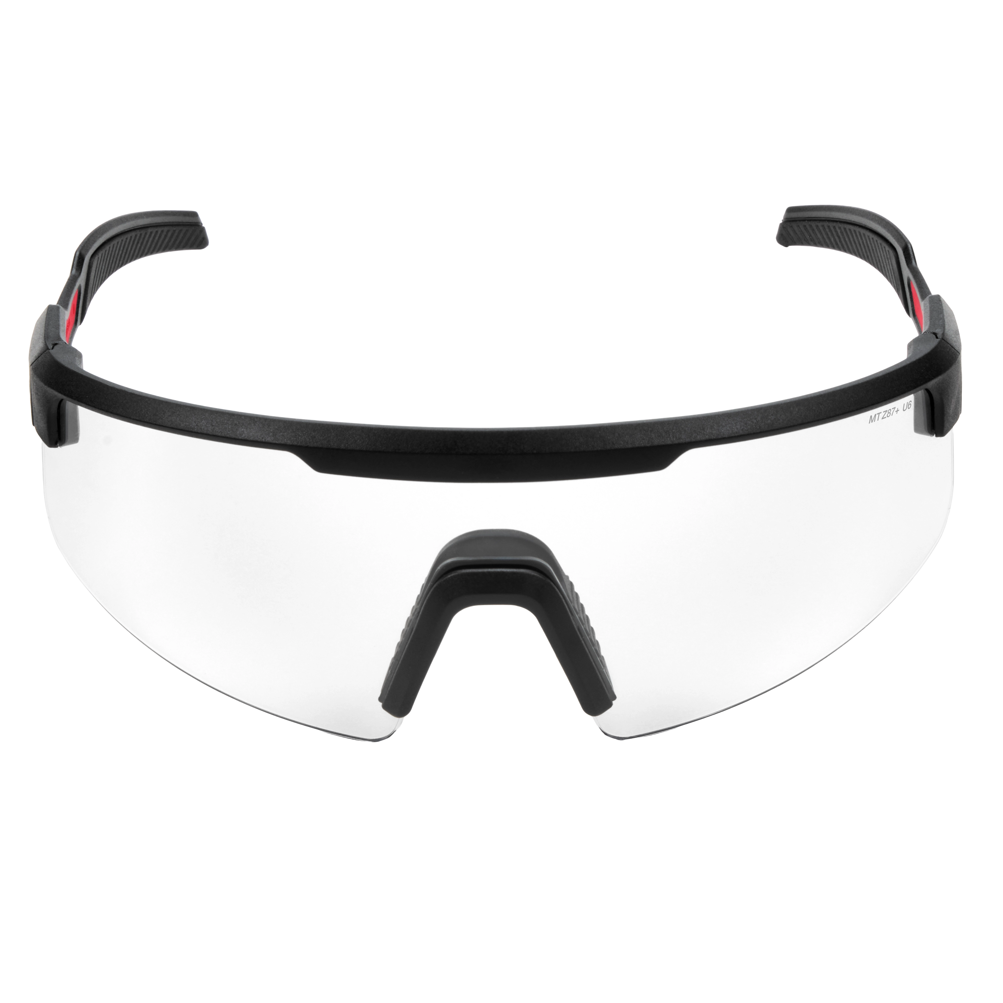 Wrap Around Safety Glasses with Clear Anti-Scratch Lenses have a black frame and a wide, clear plastic lens. The glasses feature padded nose and temple areas for additional comfort and security, suitable for various industrial and personal protective uses.