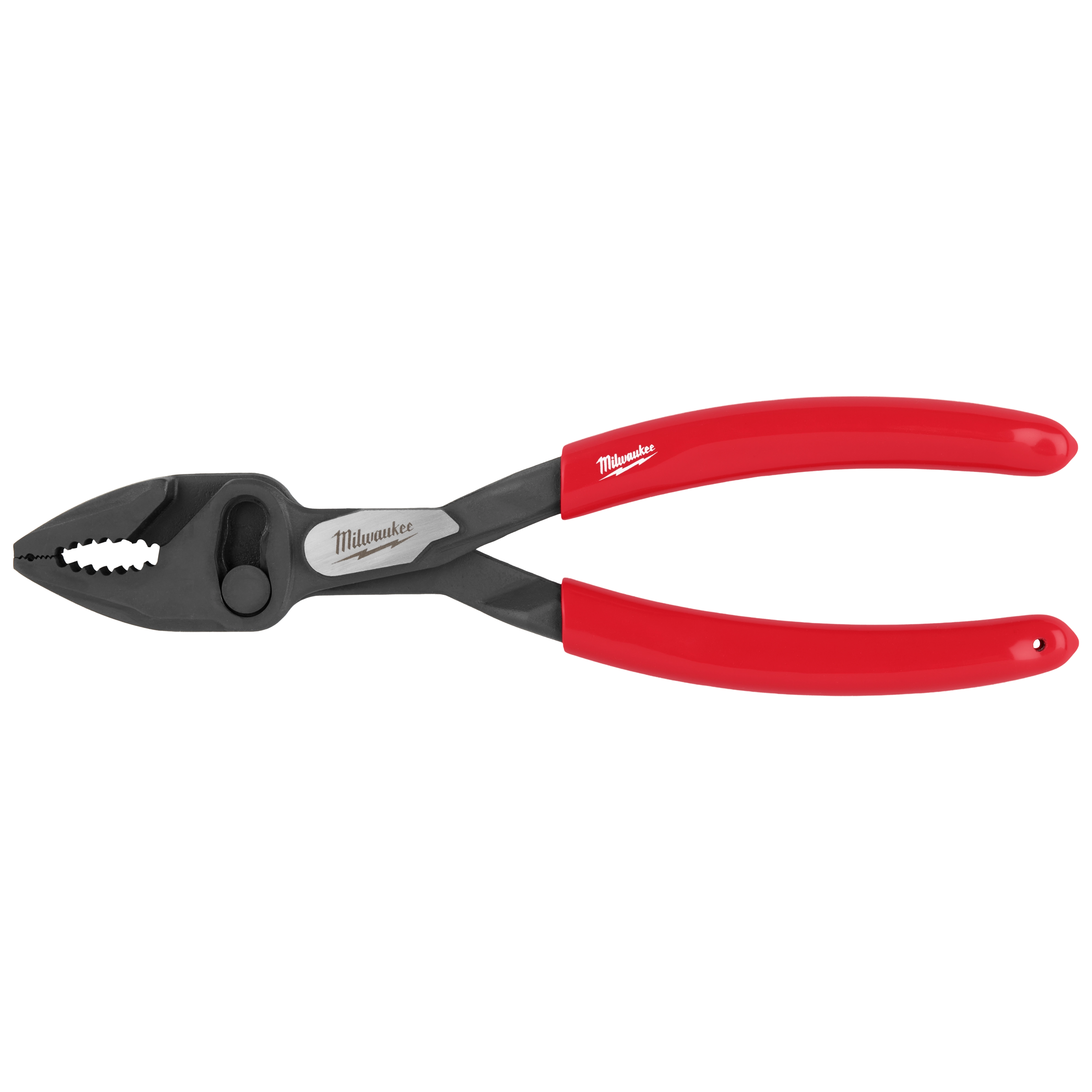 The 8" Slip Joint Pliers feature a black metal body and red plastic-coated handles. The manufacturer's logo is displayed on the handles and the body, alongside a metal pivot point for adjusting grip size. The jaws are designed with angled teeth for improved grip on materials.