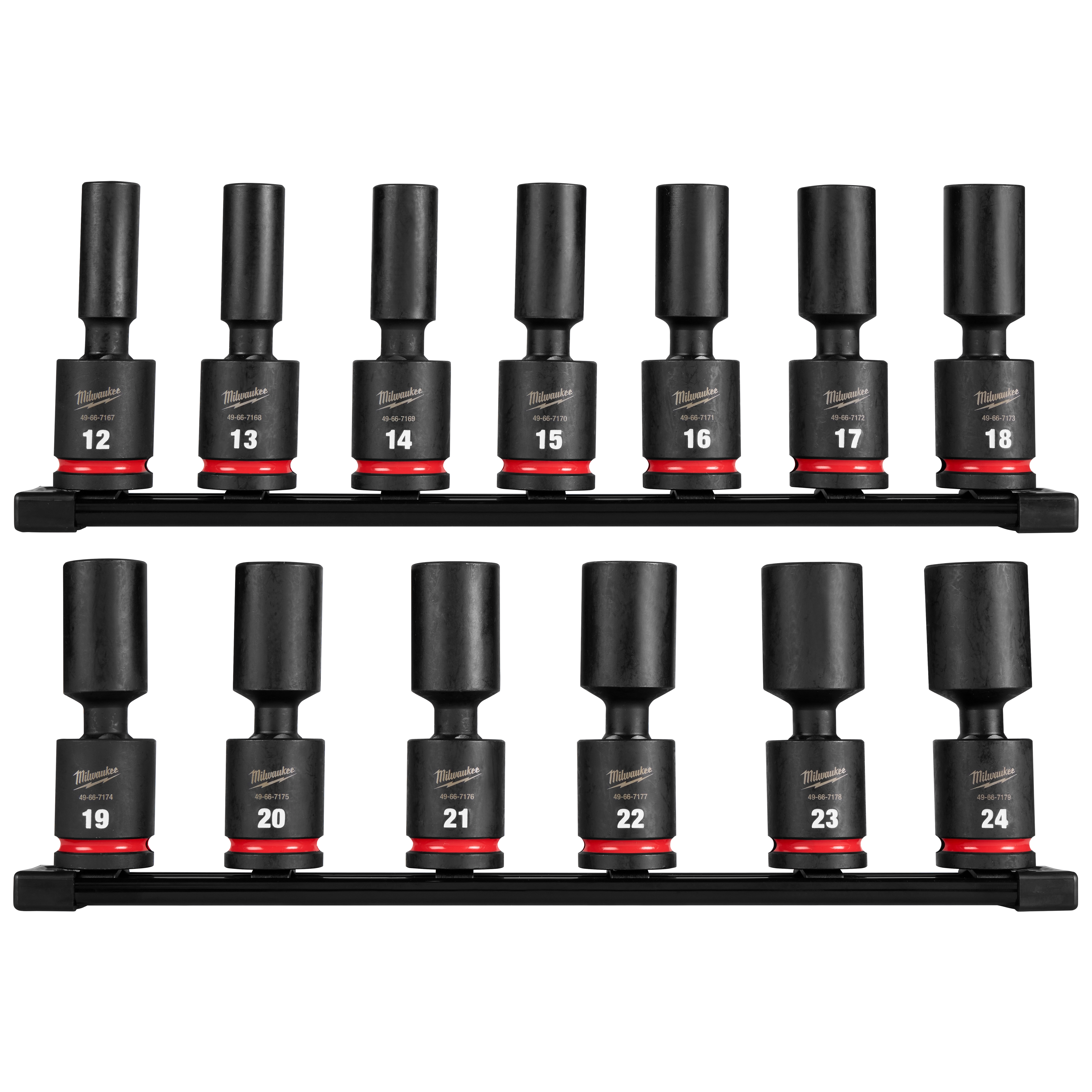 13PC SHOCKWAVE Impact Duty 1/2" Drive 6 Point Metric Deep Swivel Socket Set includes 13 black sockets in sizes 12 to 24.