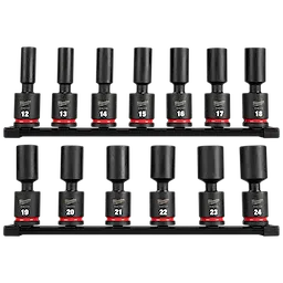 13PC SHOCKWAVE Impact Duty 1/2" Drive 6 Point Metric Deep Swivel Socket Set includes 13 black sockets in sizes 12 to 24.
