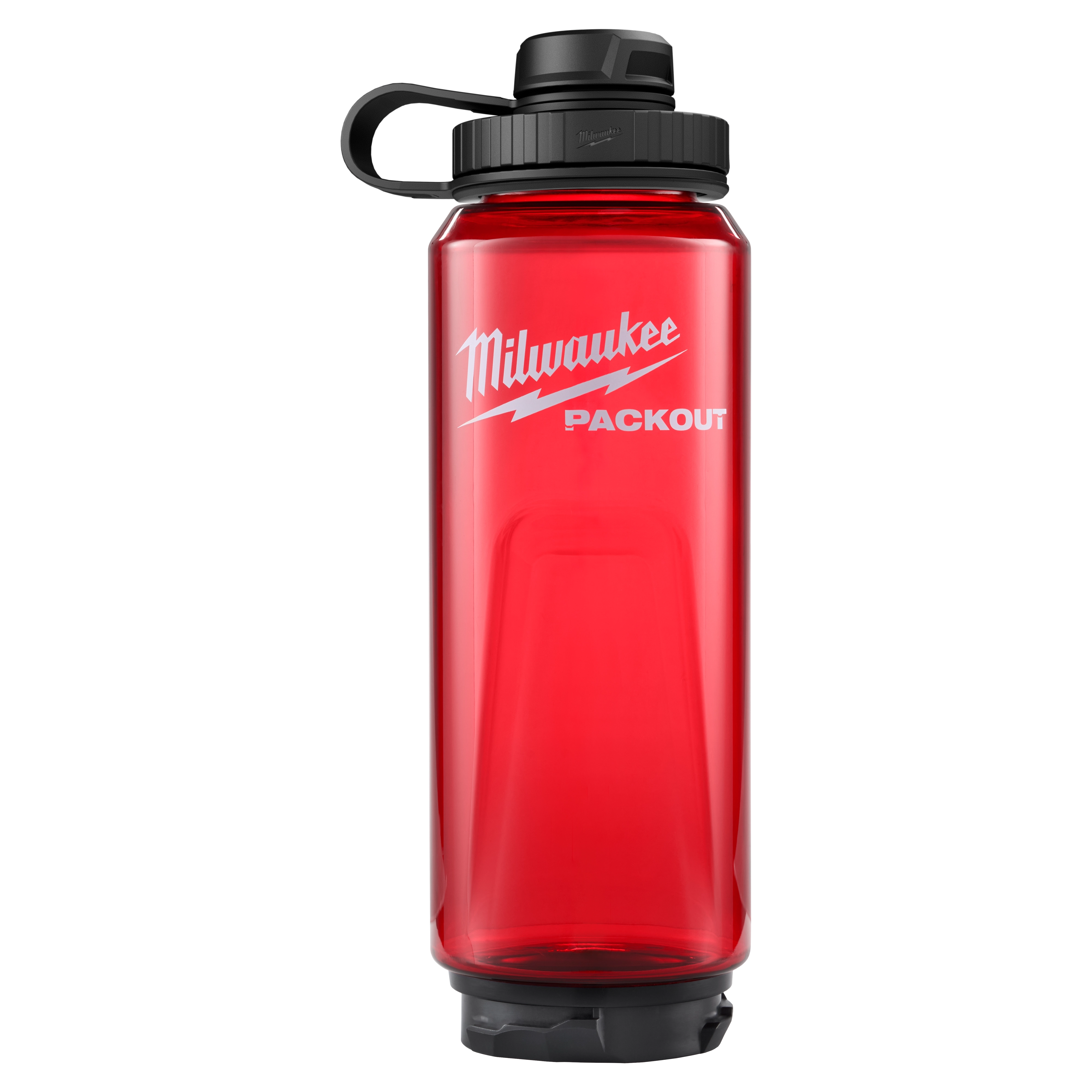 Red PACKOUT 34oz Bottle with Tether Lid standing upright on a plain white background.
