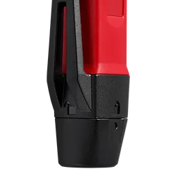 The Dual Range Voltage Detector has a black bottom half and a red upper half, designed for detecting electrical voltages. It features an ergonomic grip and a clip for easy carrying.