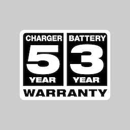 The image features a warranty notice stating "5 year charger warranty" and "3 year battery warranty" in bold text.