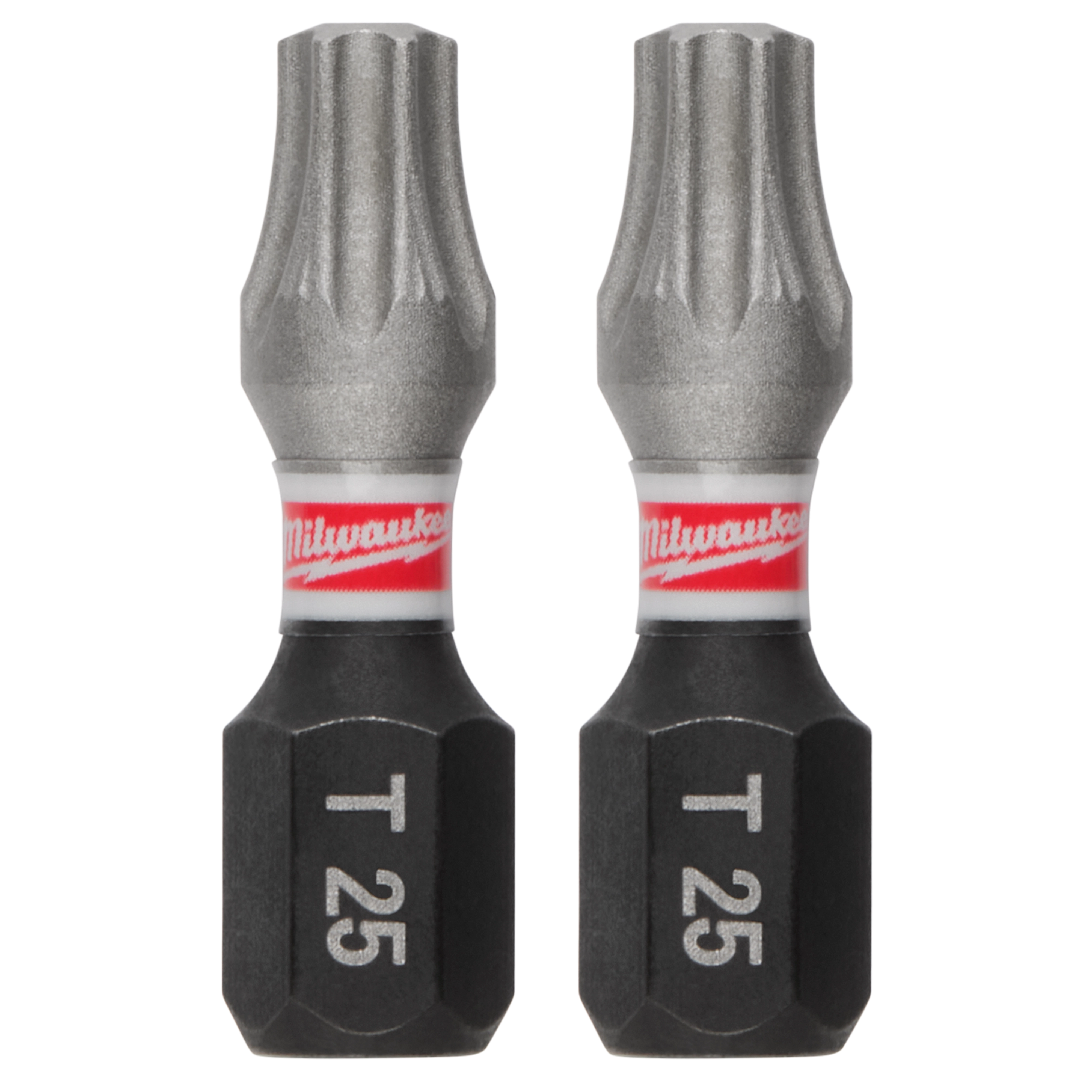 Image of two SHOCKWAVE™ 1" Impact Duty TORX® T25 Insert Bits (2 PK) from Milwaukee Tool. The bits are metallic with a gray upper half and black base, marked "T25," and feature a red and white Milwaukee logo band in the middle.