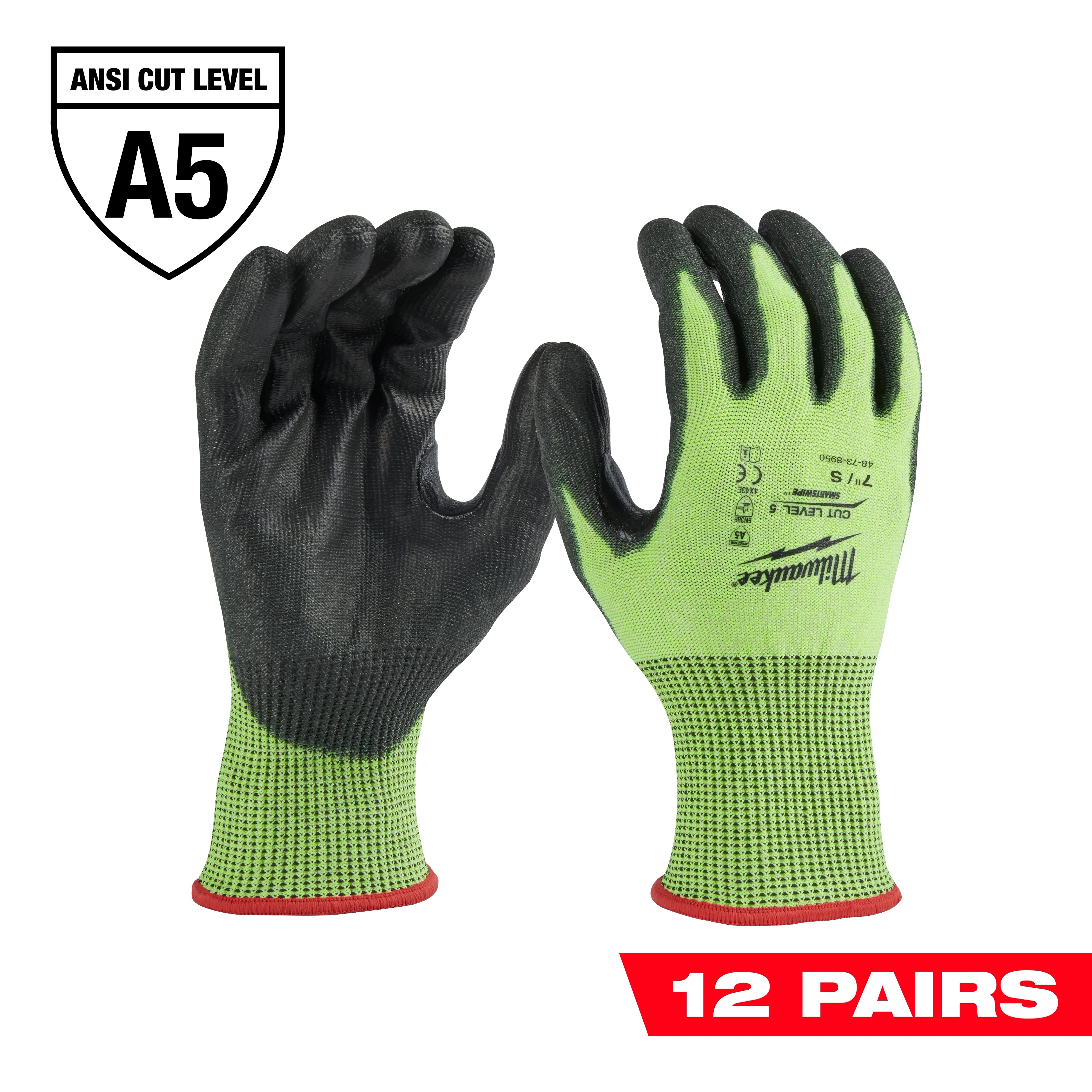 12PK Cut Level 5 Polyurethane Dipped Gloves - S, green and black, with ANSI cut level A5 rating. Includes 12 pairs.