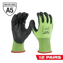 12PK Cut Level 5 Polyurethane Dipped Gloves - S, green and black, with ANSI cut level A5 rating. Includes 12 pairs.