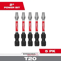 The image shows a pack of five SHOCKWAVE™ 2" Impact TORX® T20 Power Bits, each featuring a red and silver design with black base labeled "T20". The text "2" Power Bit" and "5 PK" appears on the image.