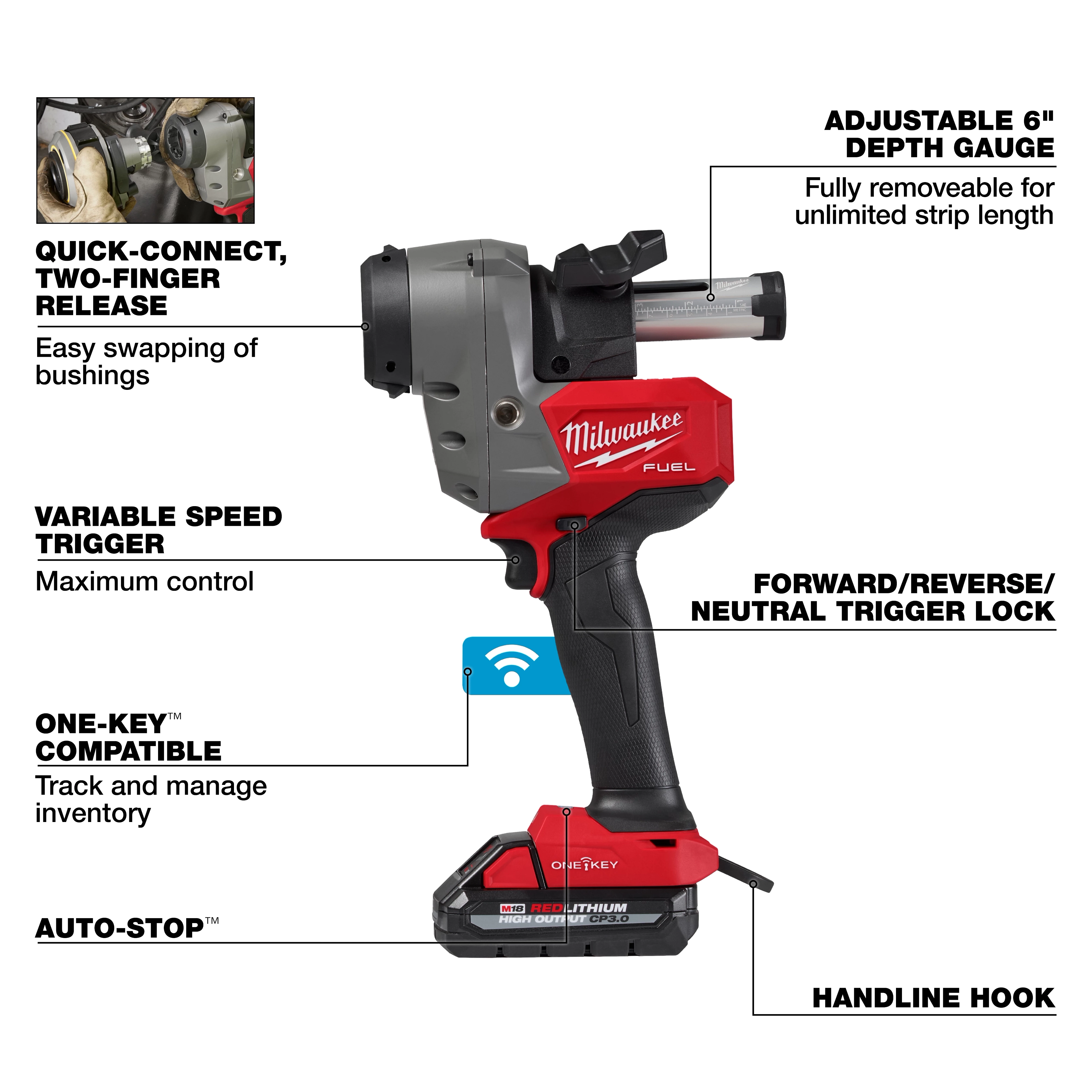 The M18 FUEL™ Covered Conductor Cable Stripper Kit w/ Adjustable Bushings features a variable speed trigger, quick-connect release, adjustable depth gauge, and One-Key™ compatibility. It includes a forward/reverse/neutral trigger lock, handline hook, and auto-stop™ for enhanced control and precision.