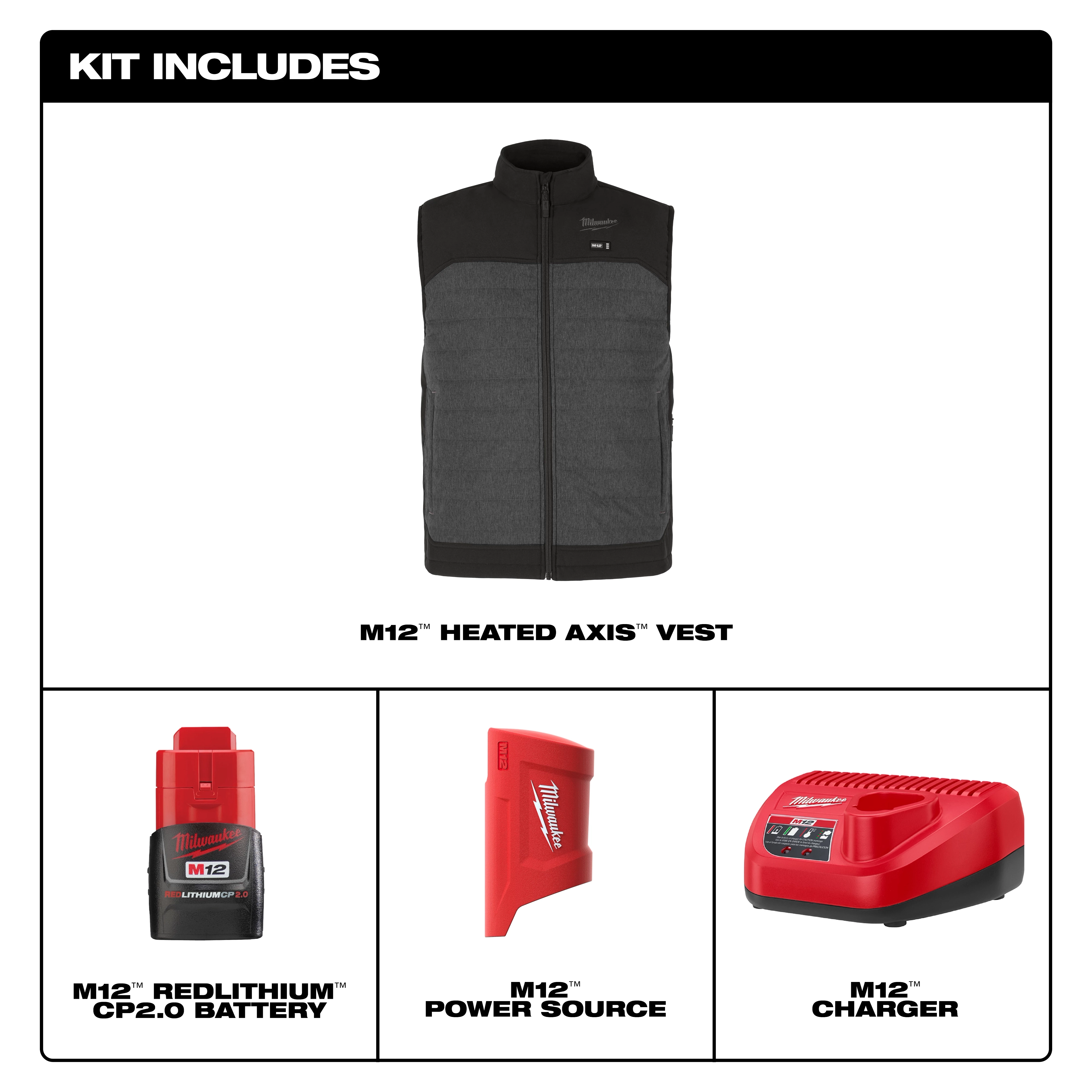 M12 Heated AXIS Jacket kit includes a grey and black vest, M12 Redlithium CP2.0 battery, M12 power source, and M12 charger.