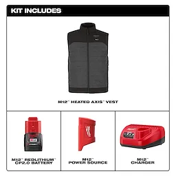 M12 Heated AXIS Jacket kit includes a grey and black vest, M12 Redlithium CP2.0 battery, M12 power source, and M12 charger.