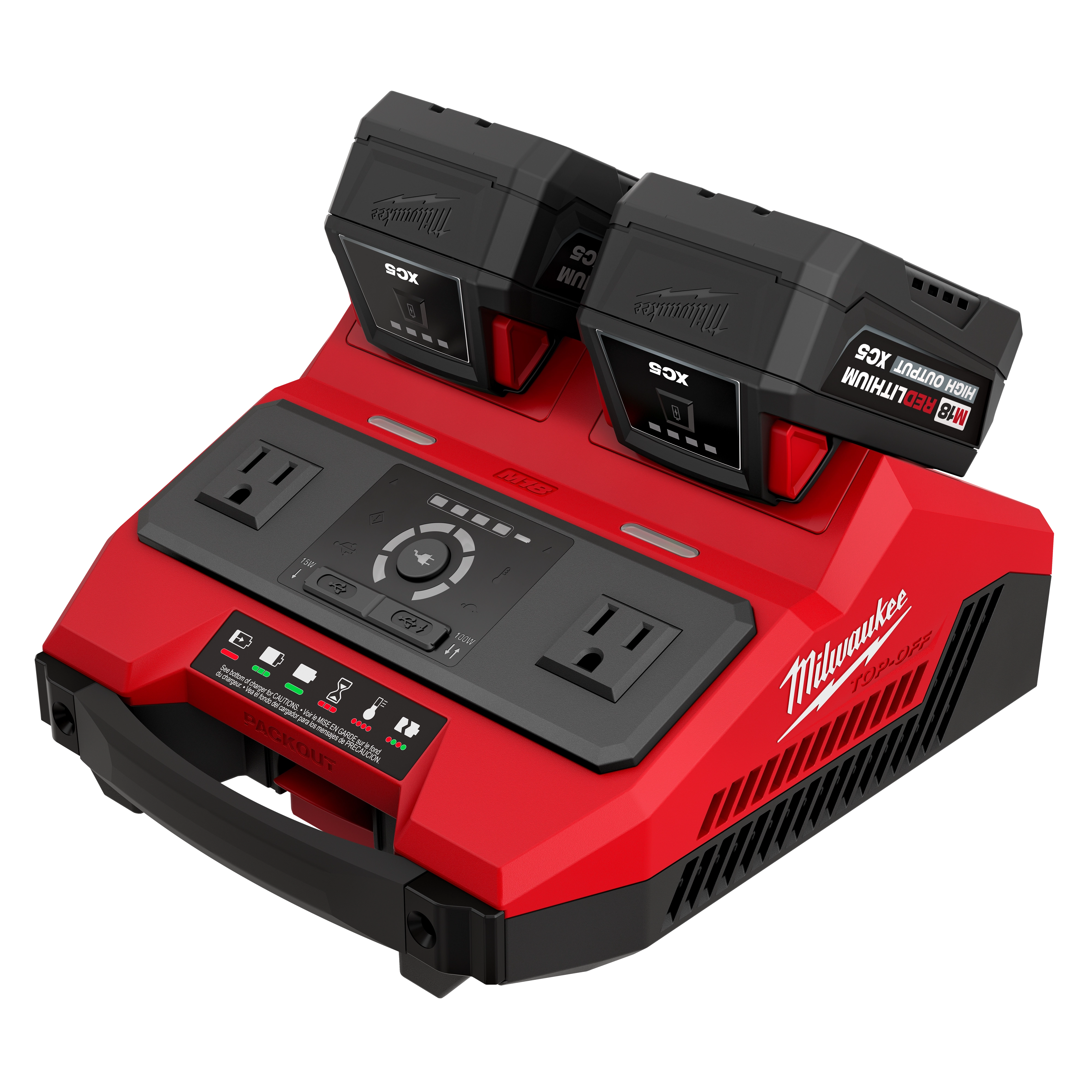 M18 TOP-OFF 350W Power Supply & Charger w/ PACKOUT Compatibility with two batteries and dual outlets on top.