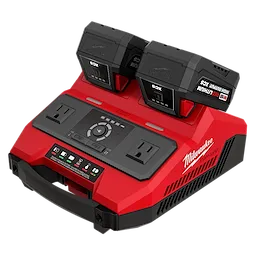 M18 TOP-OFF 350W Power Supply & Charger w/ PACKOUT Compatibility with two batteries and dual outlets on top.