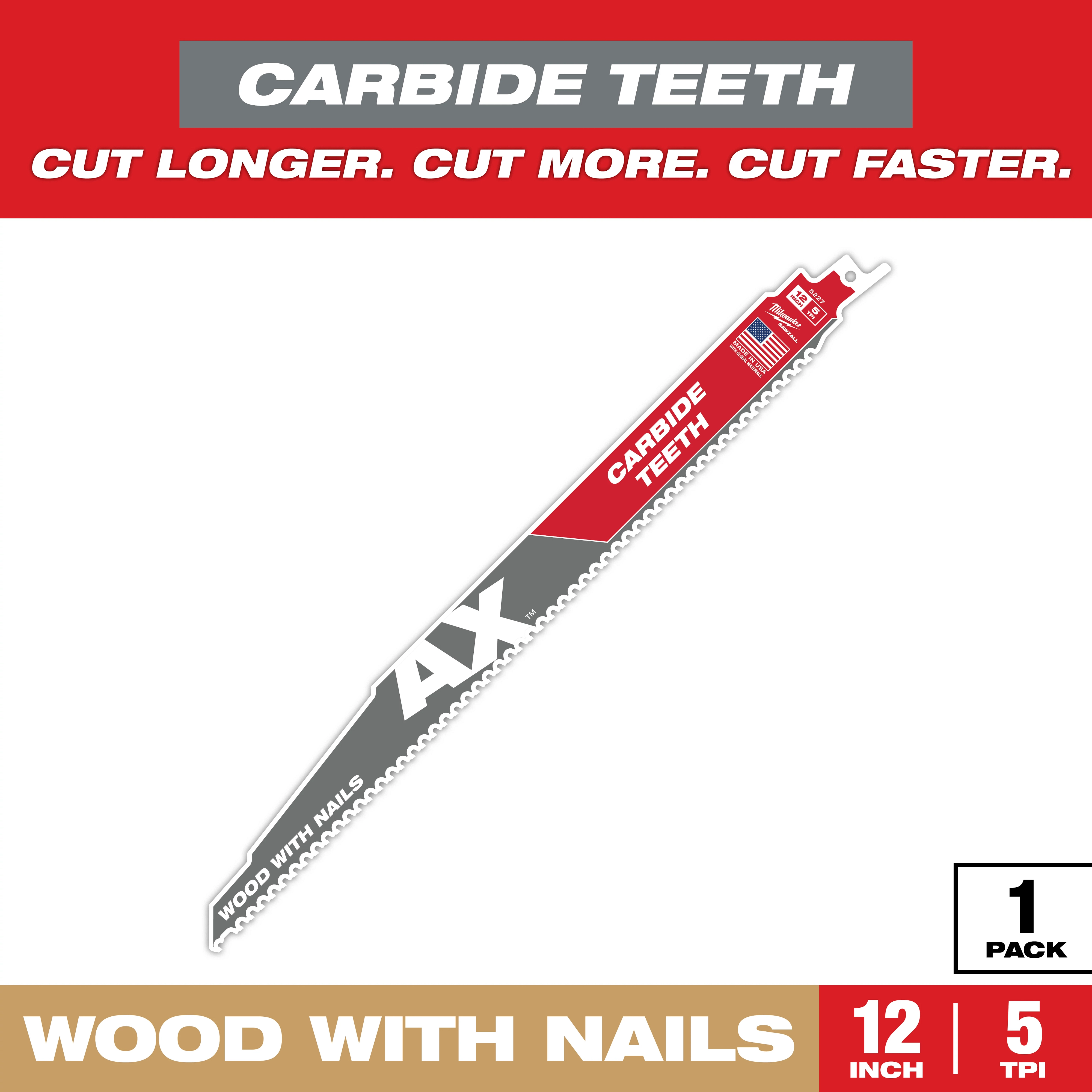 AX Carbide Teeth Saw Blade is designed for cutting wood with nails. It is 12 inches long with 5 teeth per inch. The blade is part of a single pack, promoting longer, faster, and more efficient cutting.