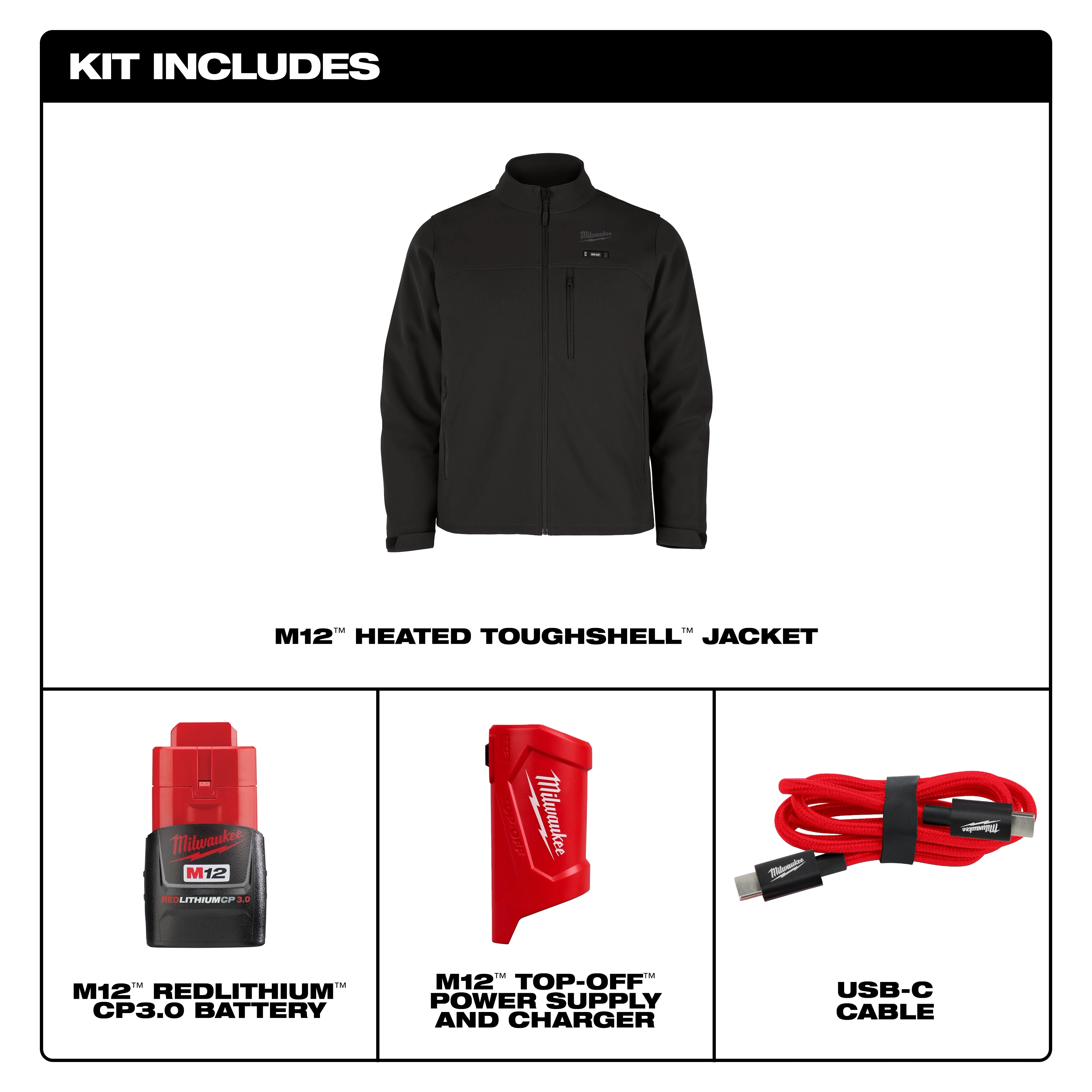 M12 Heated TOUGHSHELL Jacket kit includes a black heated jacket, M12 RedLithium CP3.0 Battery, M12 Top-Off Power Supply and Charger, and a USB-C cable.