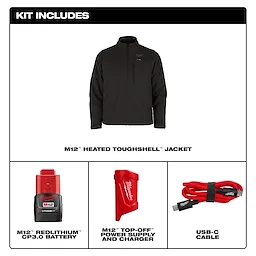 M12 Heated TOUGHSHELL Jacket kit includes a black heated jacket, M12 RedLithium CP3.0 Battery, M12 Top-Off Power Supply and Charger, and a USB-C cable.