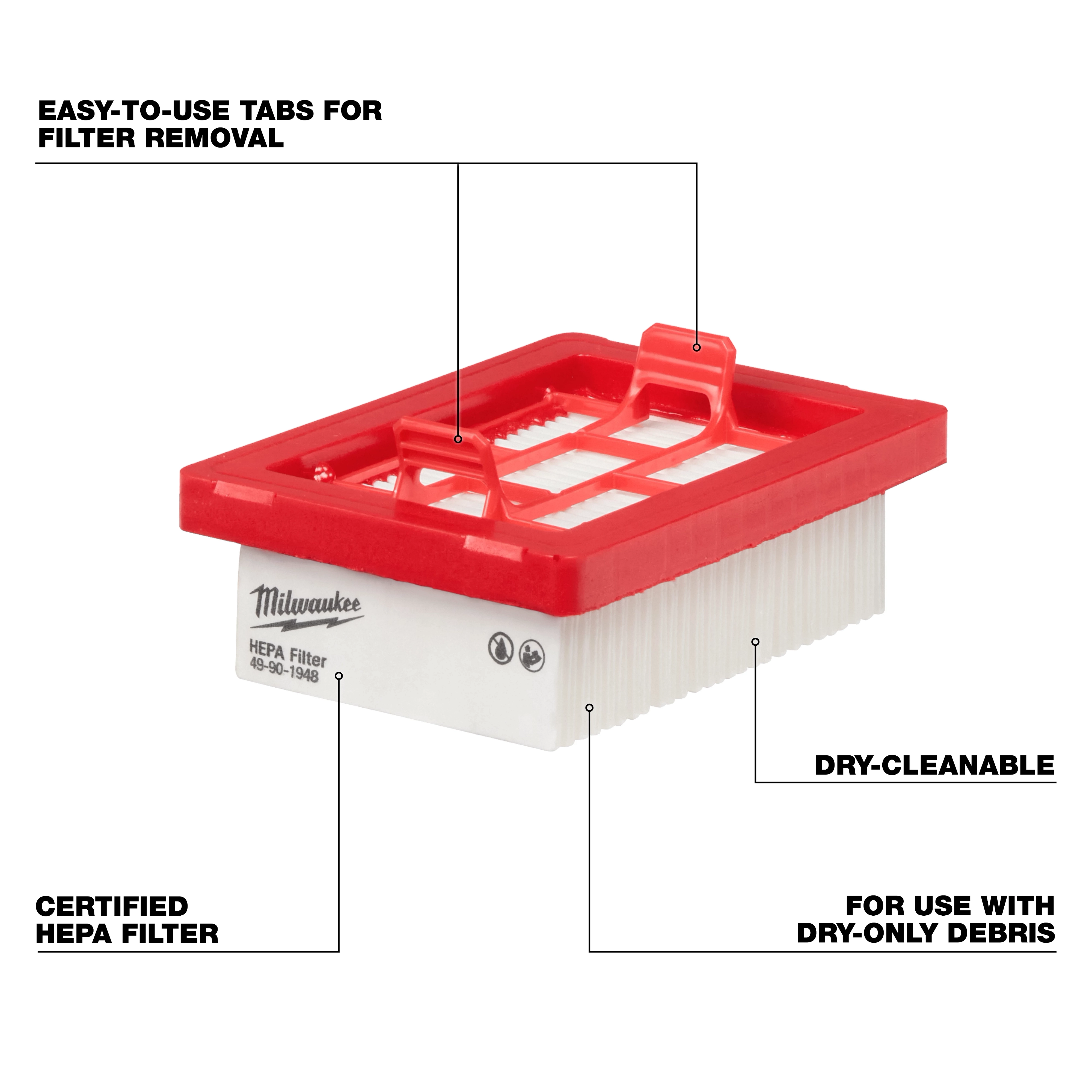 HEPA Filter with red frame, featuring easy-to-use filter removal tabs, dry-cleanable design, and suitable for dry debris only.