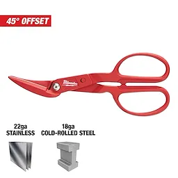 Milwaukee 45° Offset Scissors with red handles designed for cutting 22-gauge stainless steel and 18-gauge cold-rolled steel.