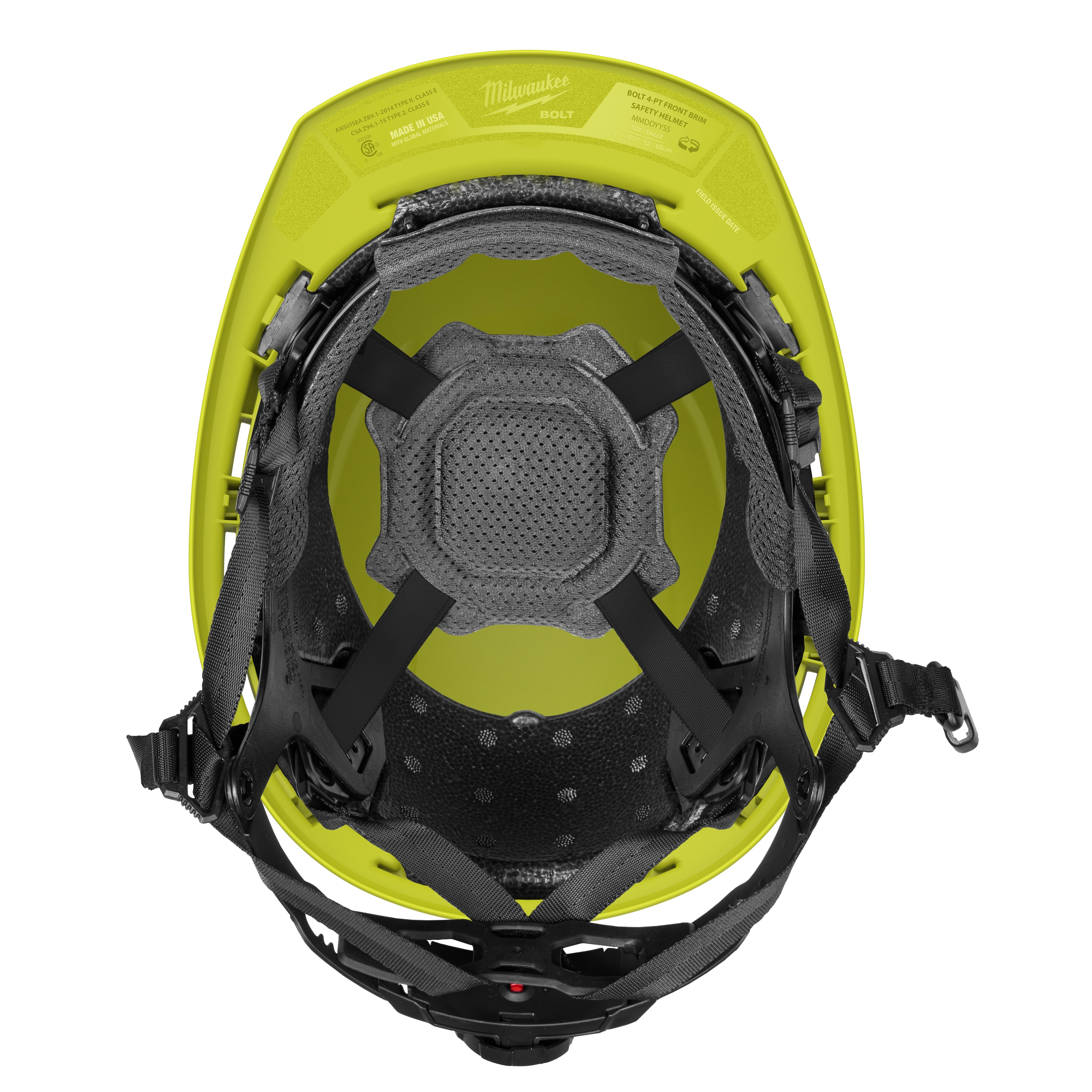 The BOLT™ Hi-Viz Green Front Brim Safety Helmet with 4pt Ratcheting Suspension, Type 2, Class E, is depicted from the inside showing its black suspension system and padding. The helmet is high-visibility green for enhanced safety.