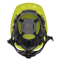 The BOLT™ Hi-Viz Green Front Brim Safety Helmet with 4pt Ratcheting Suspension, Type 2, Class E, is depicted from the inside showing its black suspension system and padding. The helmet is high-visibility green for enhanced safety.