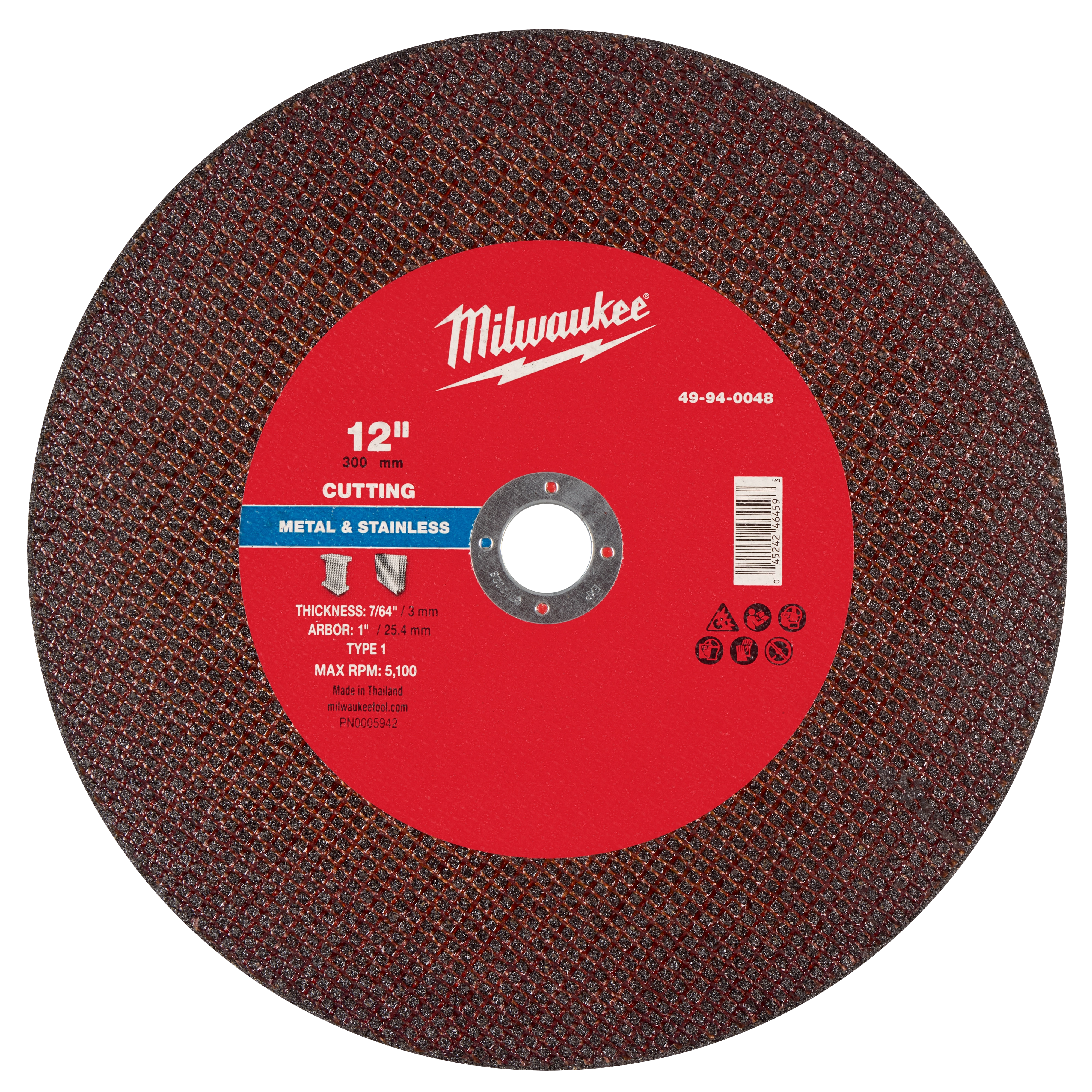 12" x 7/64" x 1" Metal Cut Off Wheel - Type 1 for cutting metal and stainless steel, with a max RPM of 6,100.