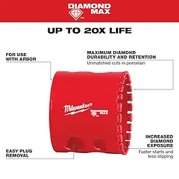 Red Milwaukee 2" Diamond Max Hole Saw with labels highlighting its diamond durability, easy plug removal, and increased diamond exposure.