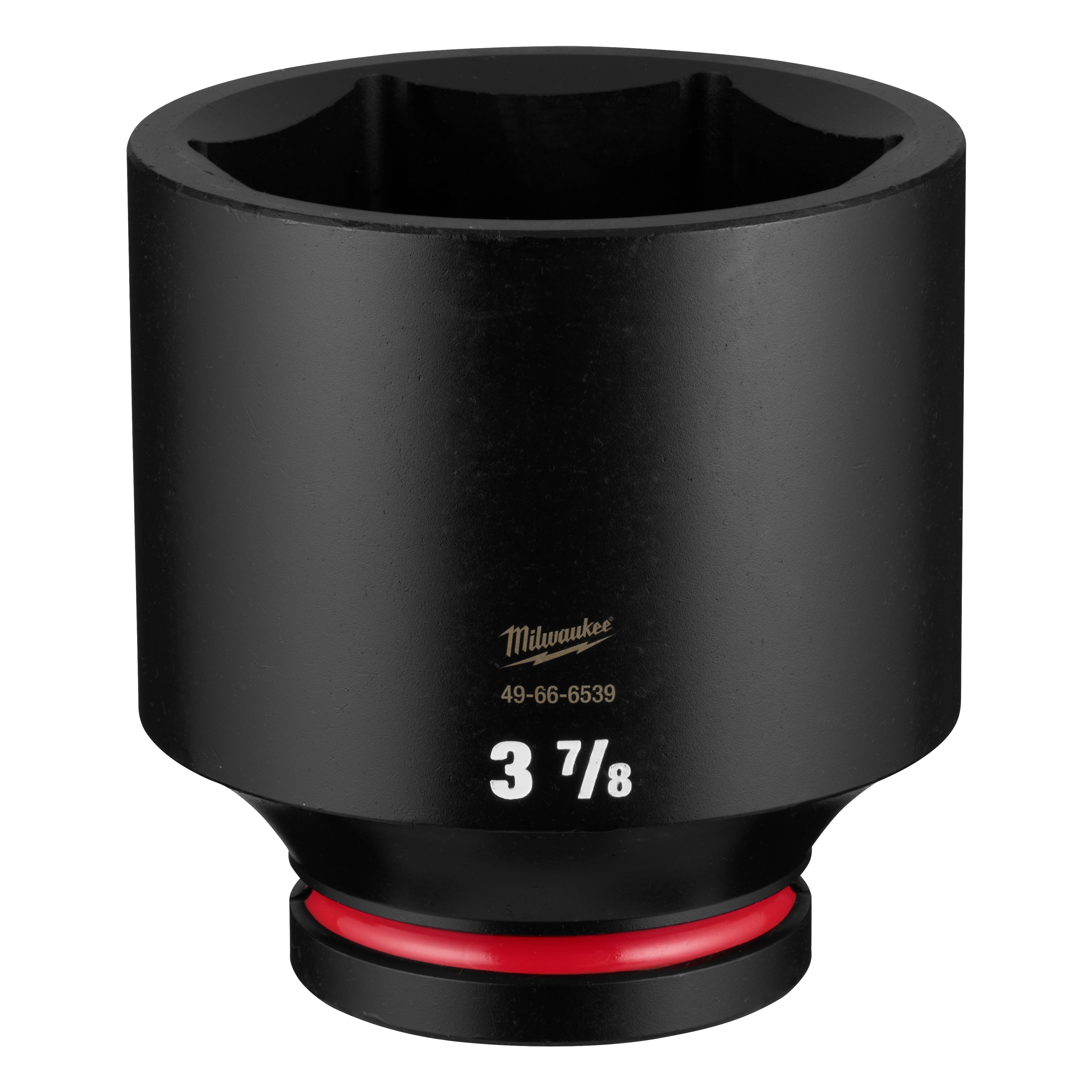 Black SHOCKWAVE Impact Duty 1" Drive 3-7/8" Deep 6 Point Socket standing upright with a red ring near the base.