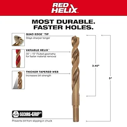 Milwaukee 48-89-2327 Walkaround drill bit features Red Helix, Quad Edge Tip, Variable Helix, Thicker Tapered Web, and Secure Grip.