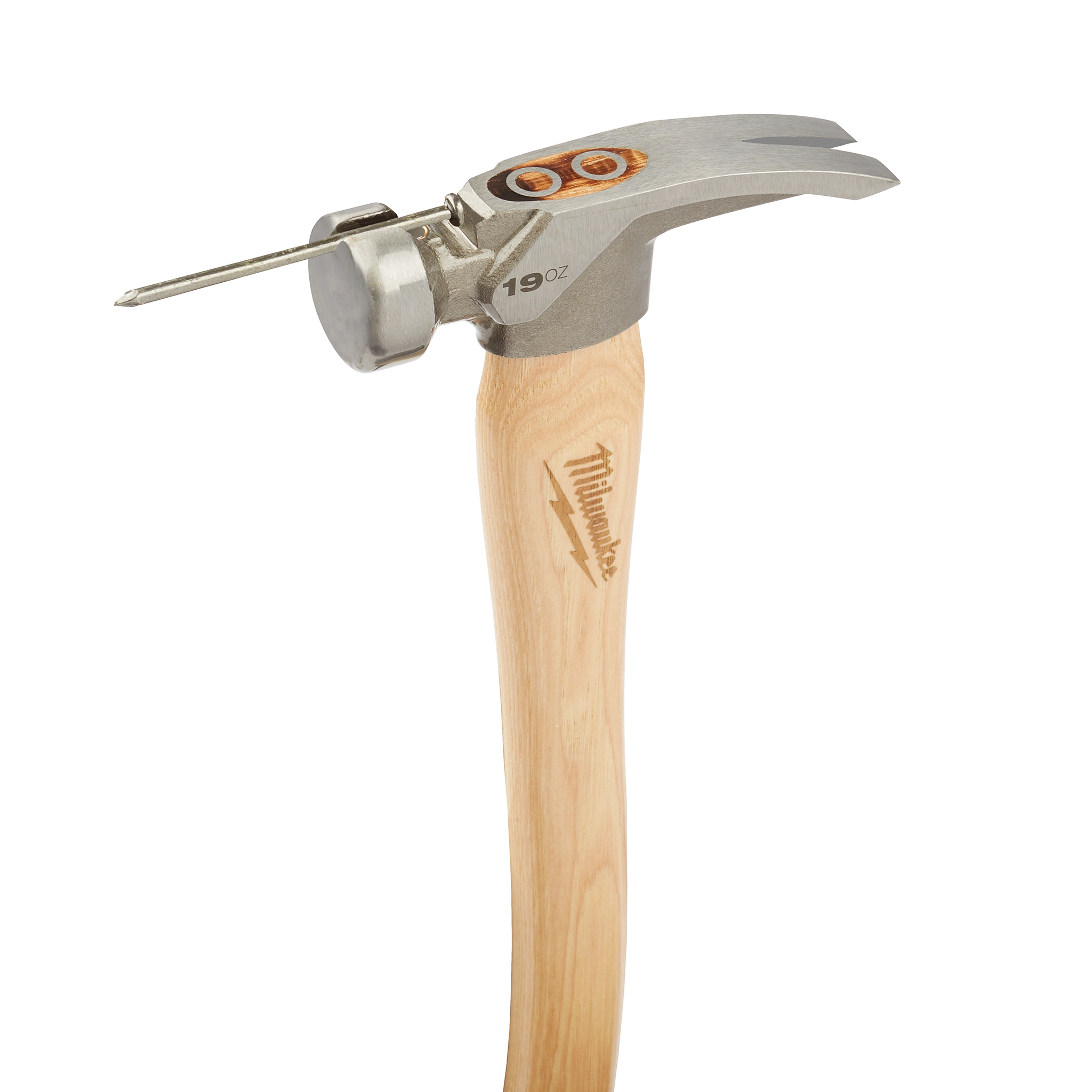 19oz Smooth Face Hickory Hammer with a wooden handle, metal head, integrated nail holder, and branded engraving on the handle.