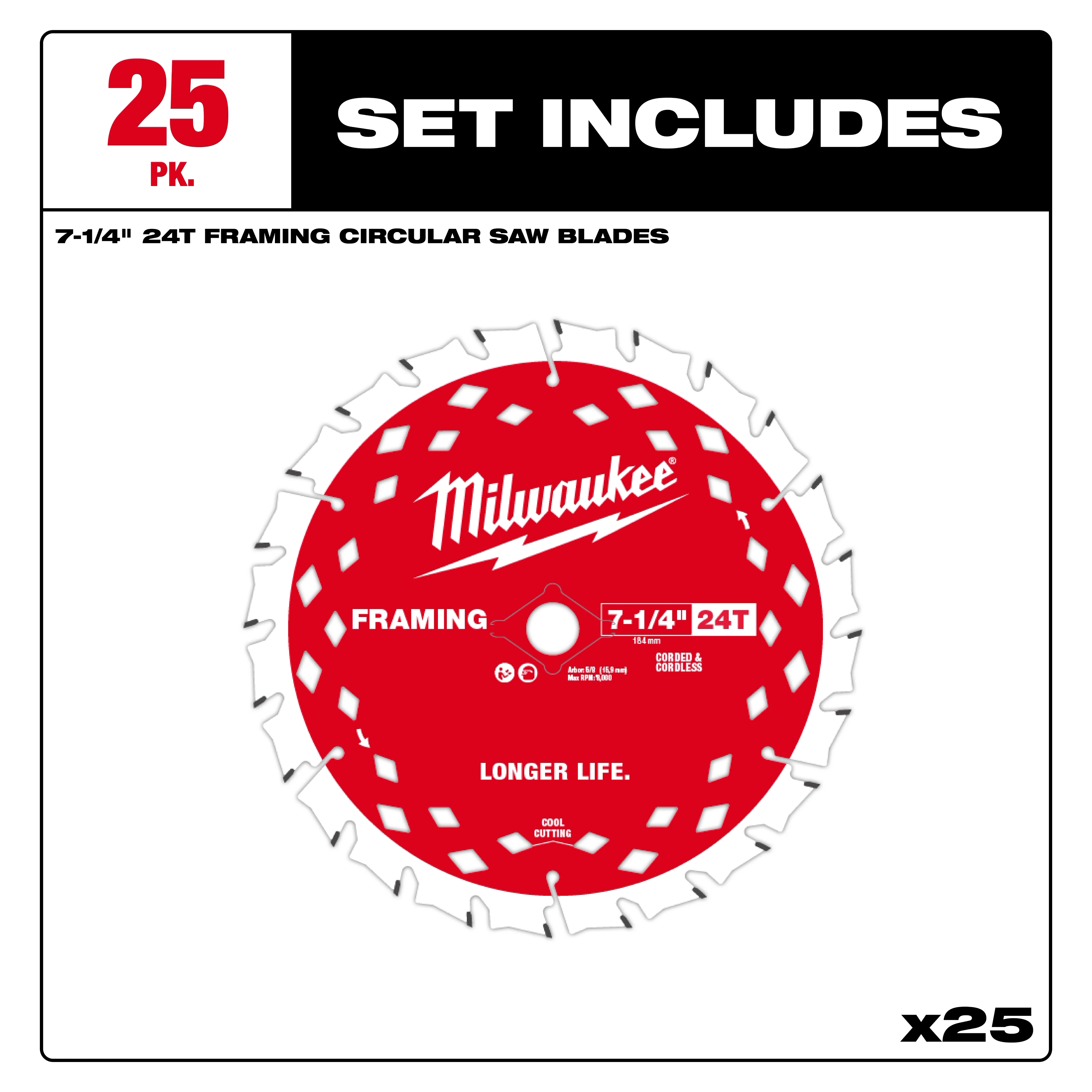 Milwaukee 7-1/4" 24T Framing Circular Saw Blade, red with white text and graphics, in a pack of 25 blades.