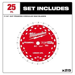 Milwaukee 7-1/4" 24T Framing Circular Saw Blade, red with white text and graphics, in a pack of 25 blades.