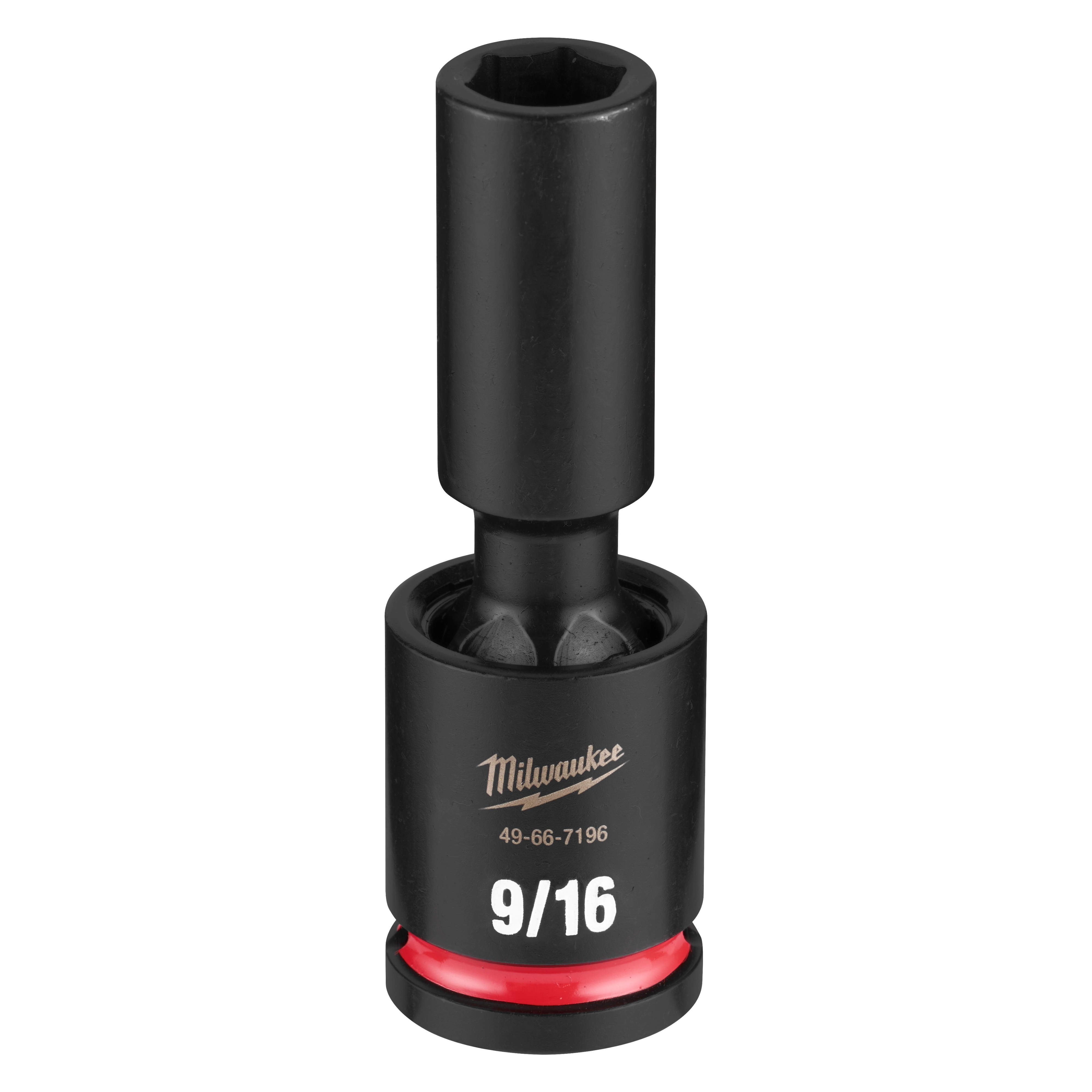 SHOCKWAVE Impact Duty 1/2" Drive 9/16" Deep Swivel Socket standing upright with a red ring near the base.