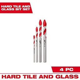 4PC Hard Tile and Glass Bit Set with four red-tipped drill bits arranged by height on a white background.