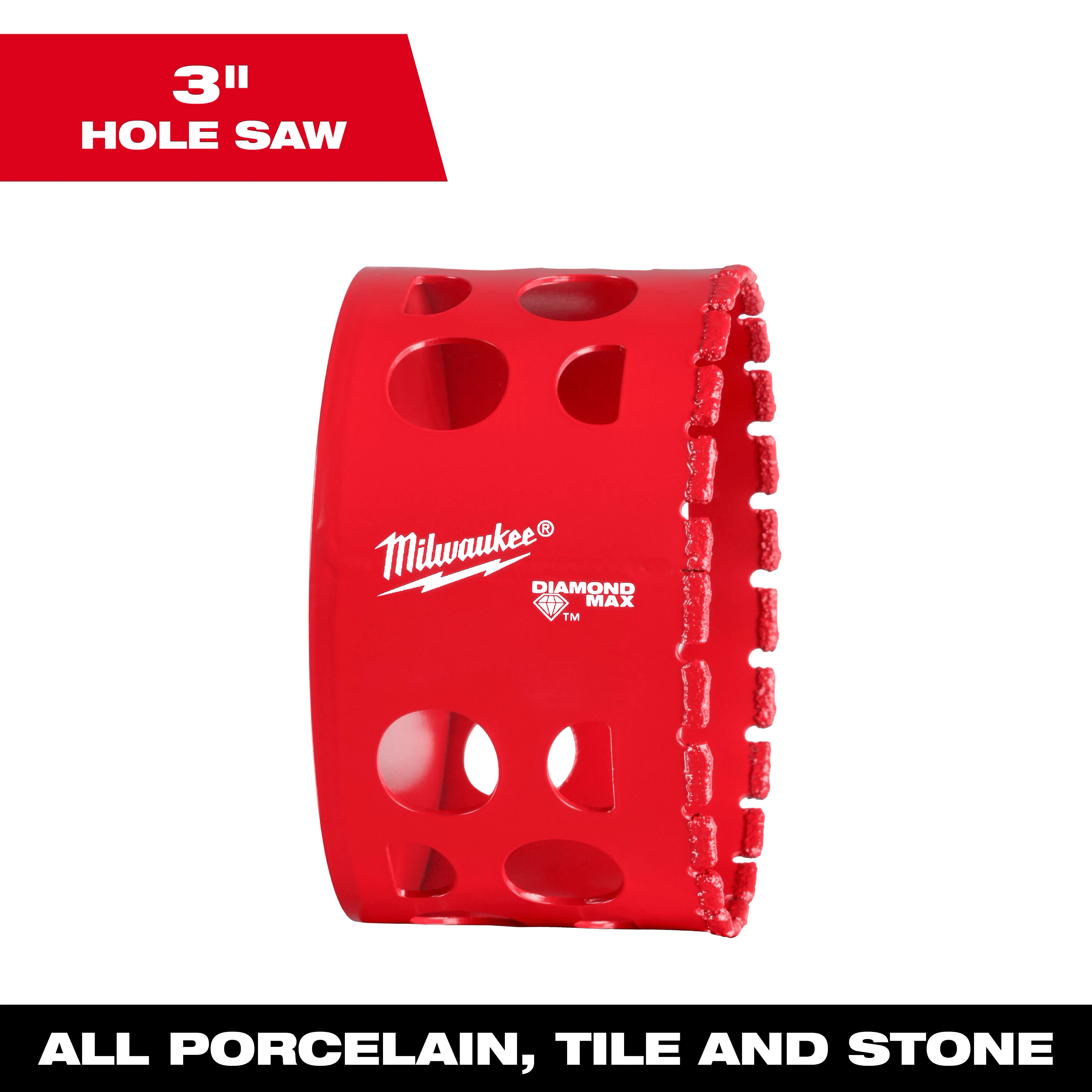 Milwaukee 3" Diamond Max Hole Saw with red cylindrical design and multiple cutouts, suitable for cutting porcelain, tile, and stone.
