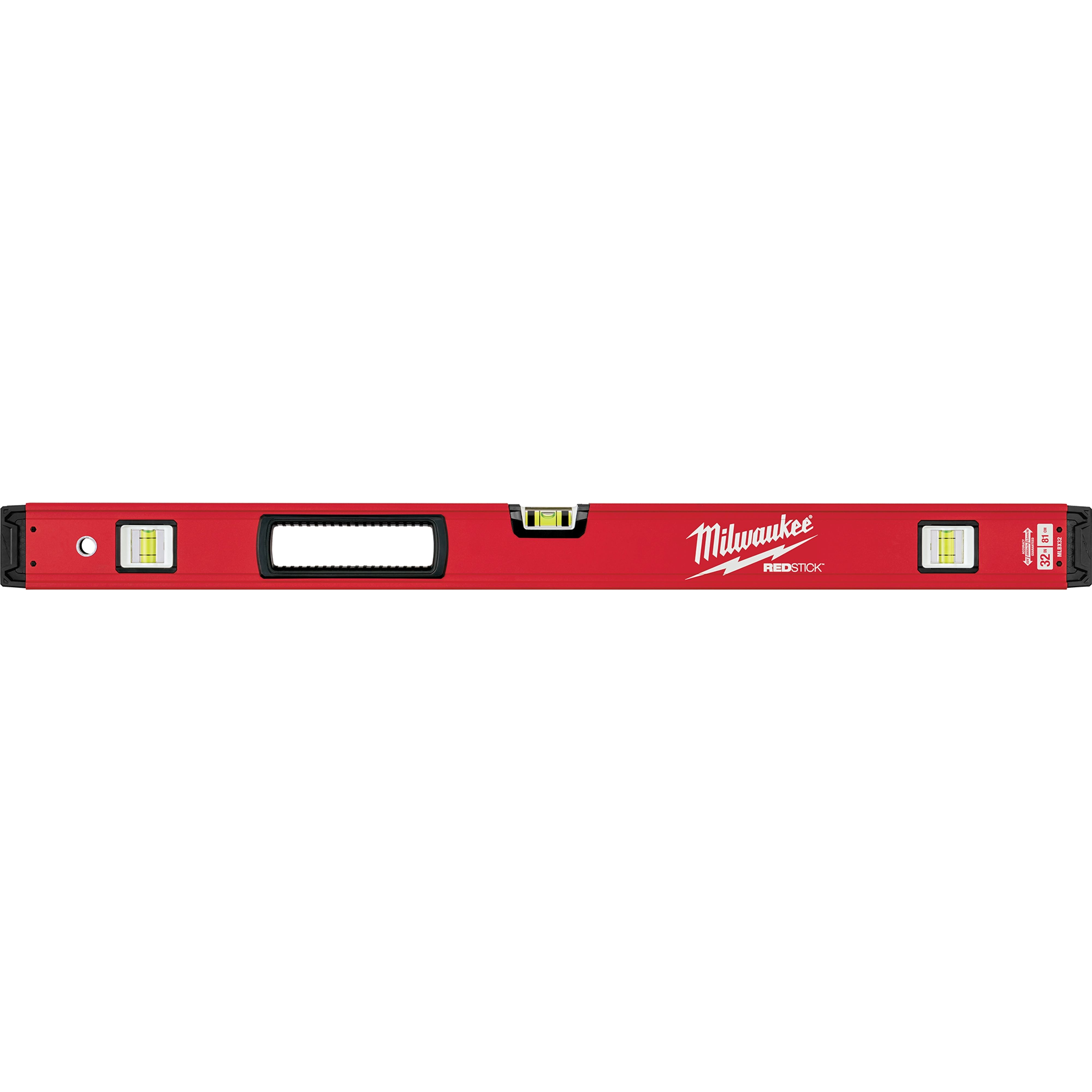 Red Milwaukee REDSTICK Level with three vials and a central handle, displaying accurate levelling markers on a sturdy design.