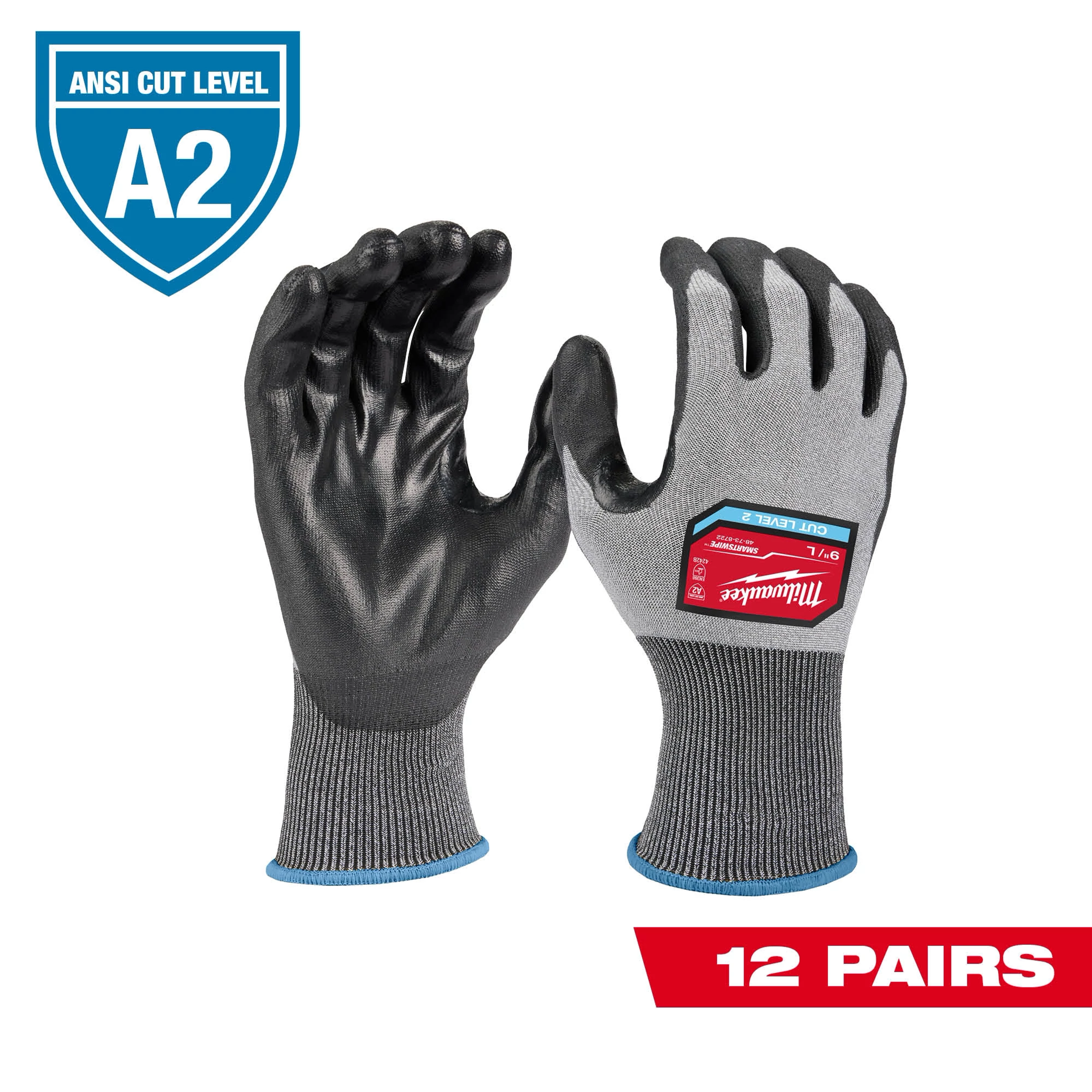 High-dexterity polyurethane dipped gloves, cut level 2, showing gray fabric and black coated palms and fingers. Pack includes 12 pairs.