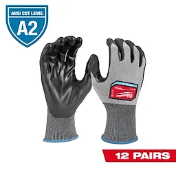 High-dexterity polyurethane dipped gloves, cut level 2, showing gray fabric and black coated palms and fingers. Pack includes 12 pairs.