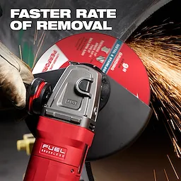 A person is using an electric grinder with Bonded Abrasives Grinding disc labeled "Faster Rate of Removal," emitting sparks.