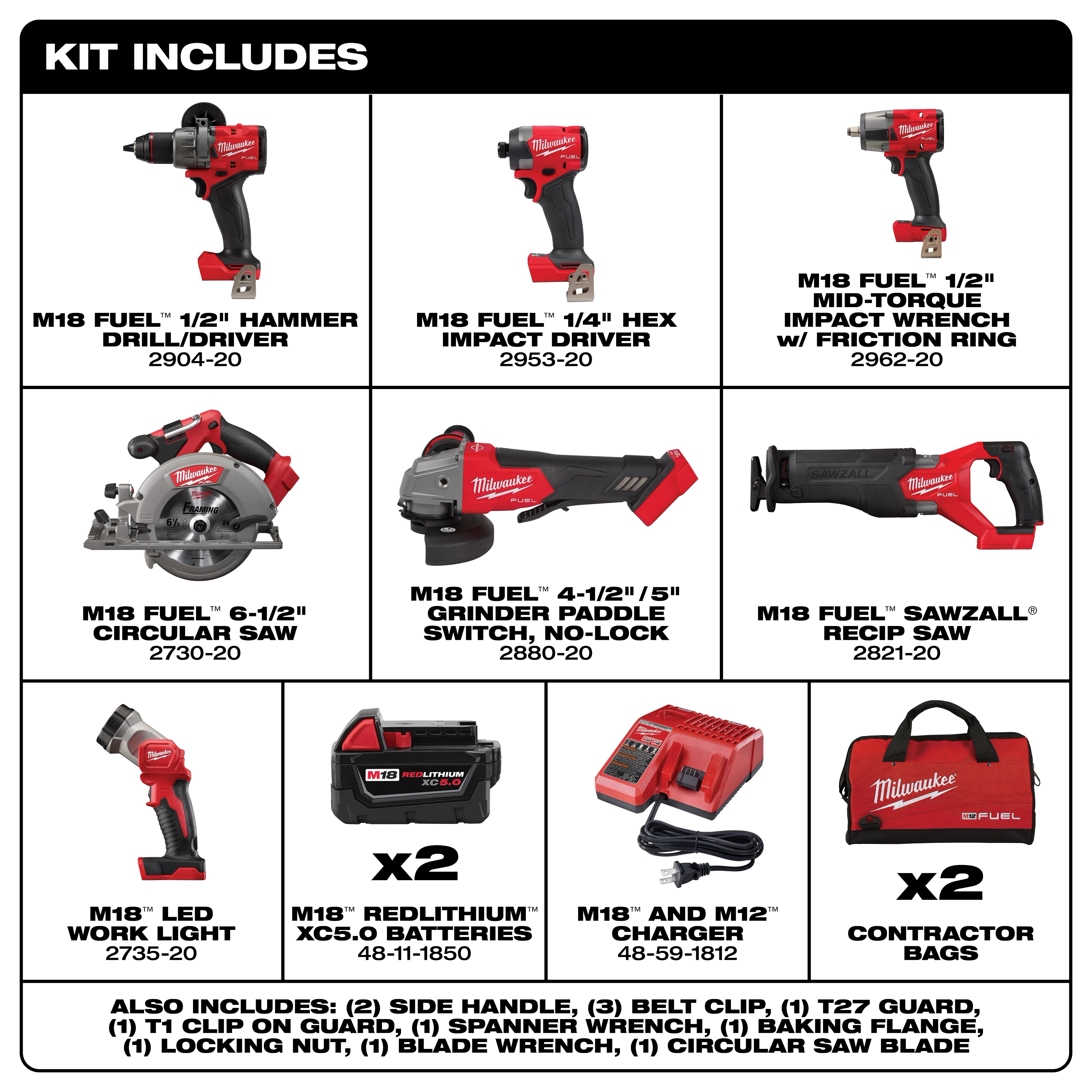 M18 FUEL 7-Tool Combo Kit includes a hammer drill/driver, hex impact driver, mid-torque impact wrench, circular saw, grinder paddle switch, Sawzall reciprocating saw, work light, two M18 batteries, charger, and two contractor bags with other accessories.