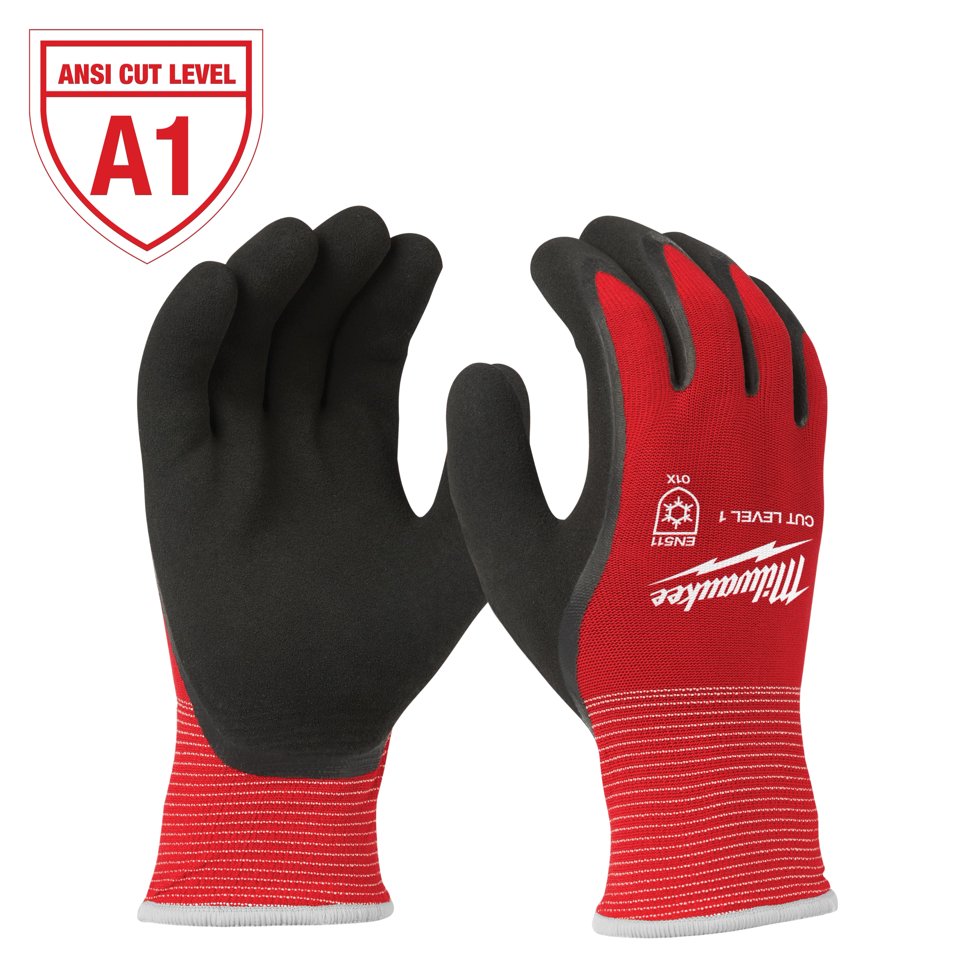 Milwaukee A1 cut level gloves feature black palms and red backs with white lettering, offering high protection and comfort.