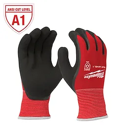 Milwaukee A1 cut level gloves feature black palms and red backs with white lettering, offering high protection and comfort.