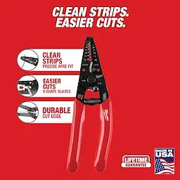 8-20 AWG Dipped Grip Wire Stripper & Cutter (USA) with red handles, features clean strips, easier cuts, and durable edges.