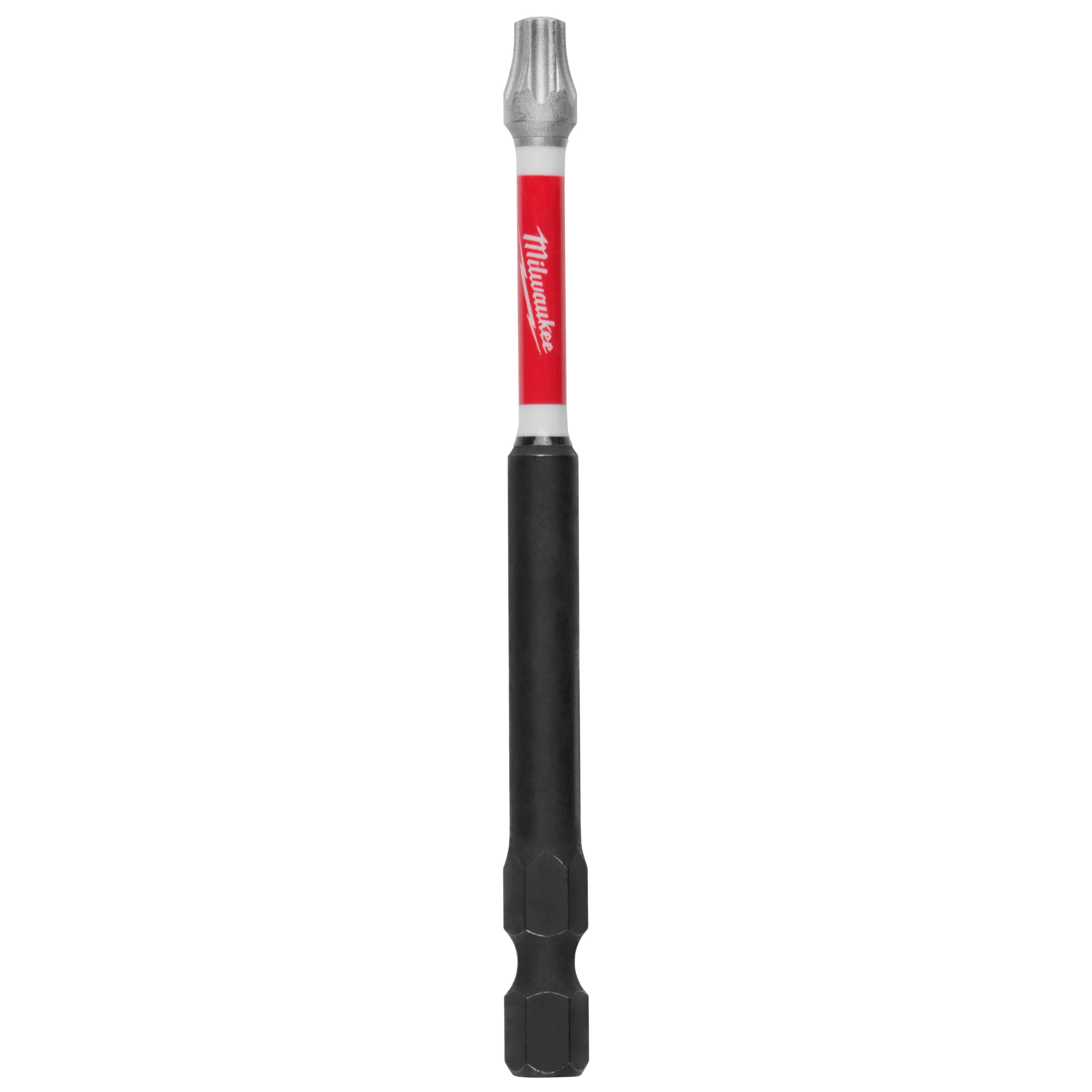 Image of a SHOCKWAVE™ 3-1/2" Impact Duty TORX® T27 Power Bit, featuring a black base, and a red and white section with the Milwaukee logo. The pack includes 25 bits, designed for durability and high performance.