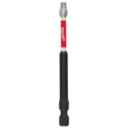 Image of a SHOCKWAVE™ 3-1/2" Impact Duty TORX® T27 Power Bit, featuring a black base, and a red and white section with the Milwaukee logo. The pack includes 25 bits, designed for durability and high performance.