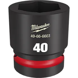1" DR 40MM STD Impact Socket, black with a red ring, features Milwaukee branding, model number 49-66-6603, and "40" in white print.