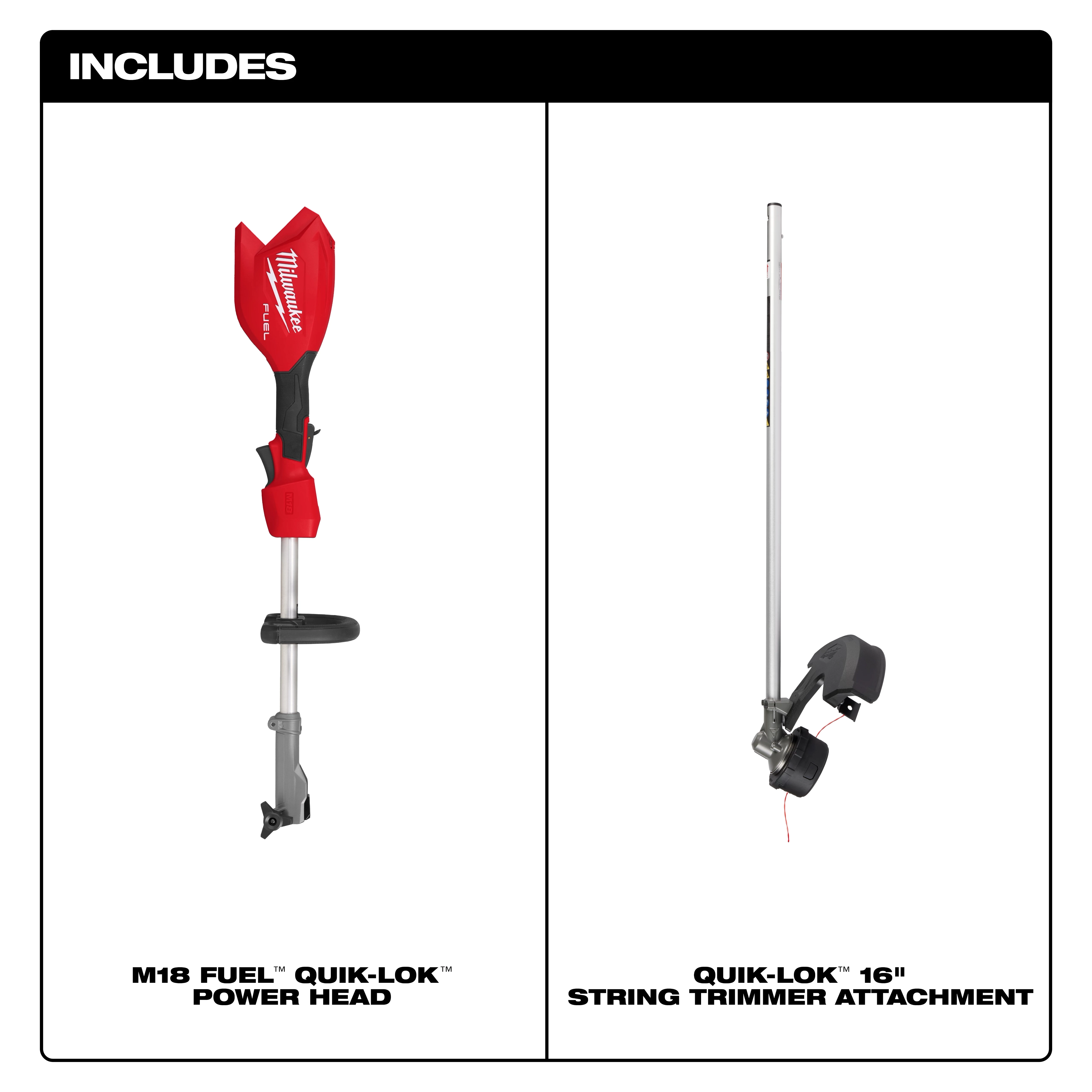 M18 FUEL Power Head w/ QUIK-LOK with detachable shaft beside a QUIK-LOK string trimmer attachment.
